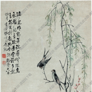 清 李禪《桃花柳燕圖》國(guó)畫高清大圖下載