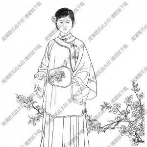 古代仕女《紅花吐艷》線描畫底稿高清大圖下載